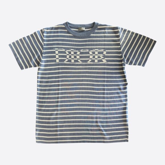 Dior Blue & White Striped Logo T-Shirt - Picture 1 of 2